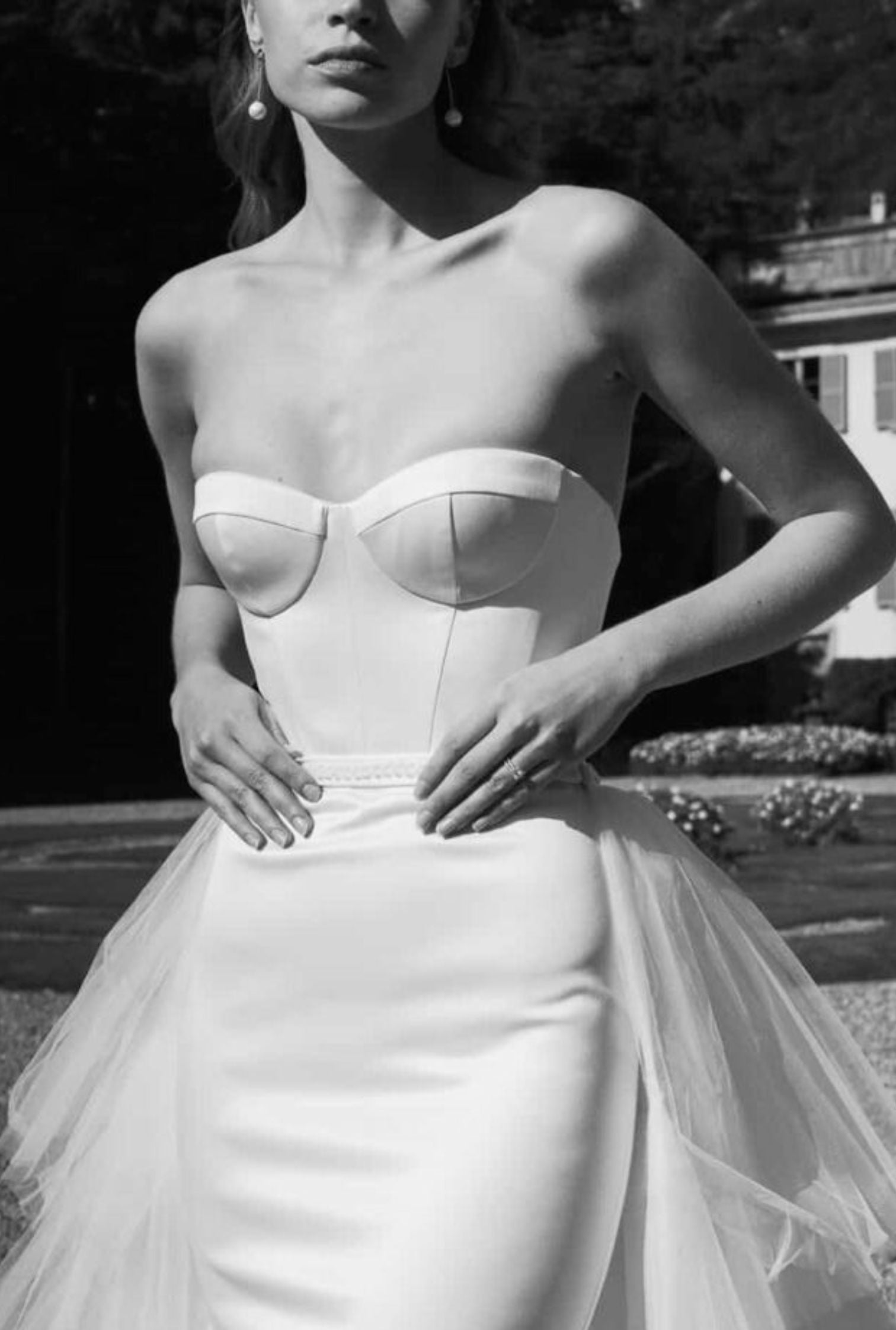 Bella gold pearl drop bridal earrings by Amélie George styled with an Eva Lendel gown at a luxury Lake Como wedding