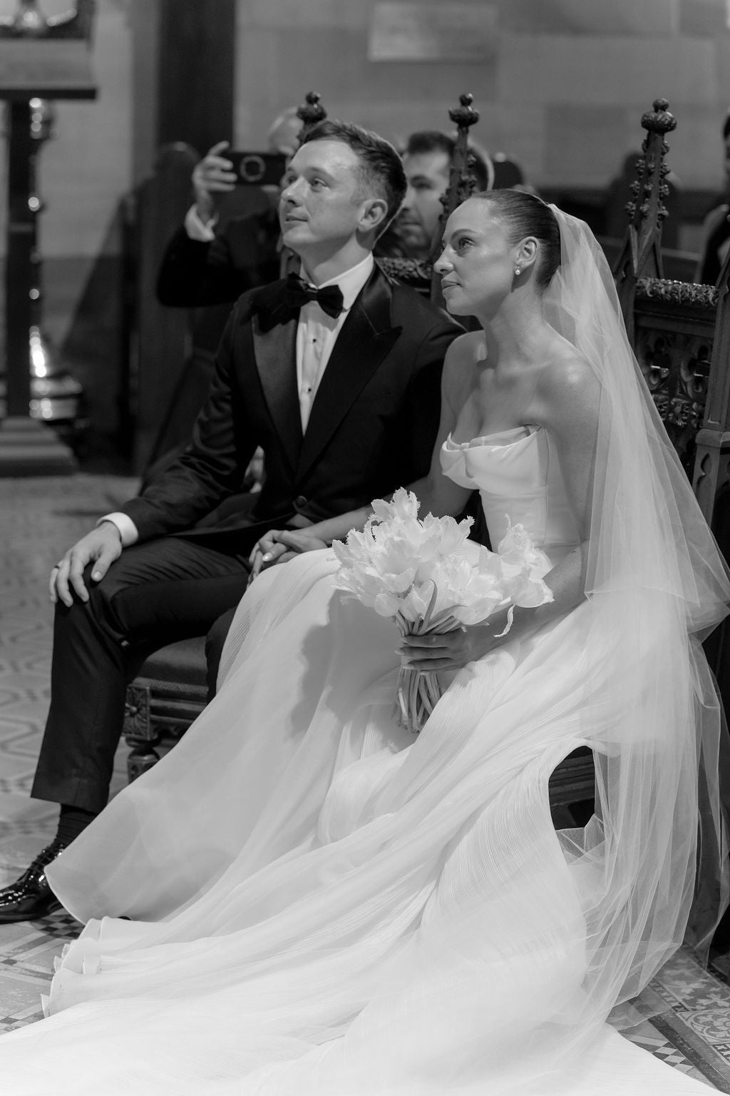 Real bride Amy in Sarah Seven gown paired with Bella bridal earrings by Amélie George.
