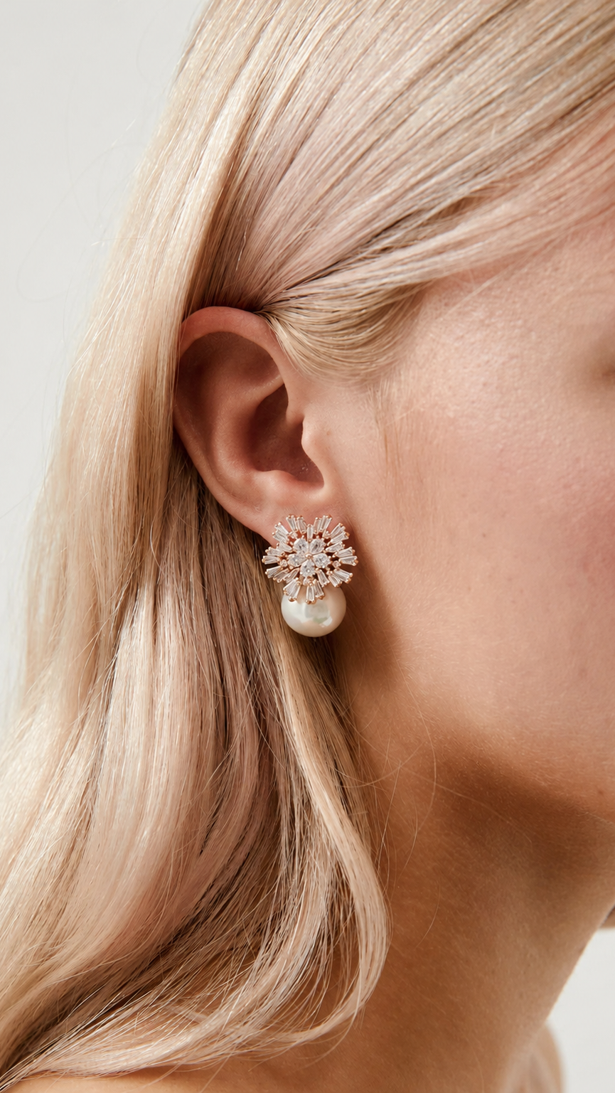Rose Gold Diamond and Pearl Statement Wedding Earrings by Amelie George Bridal