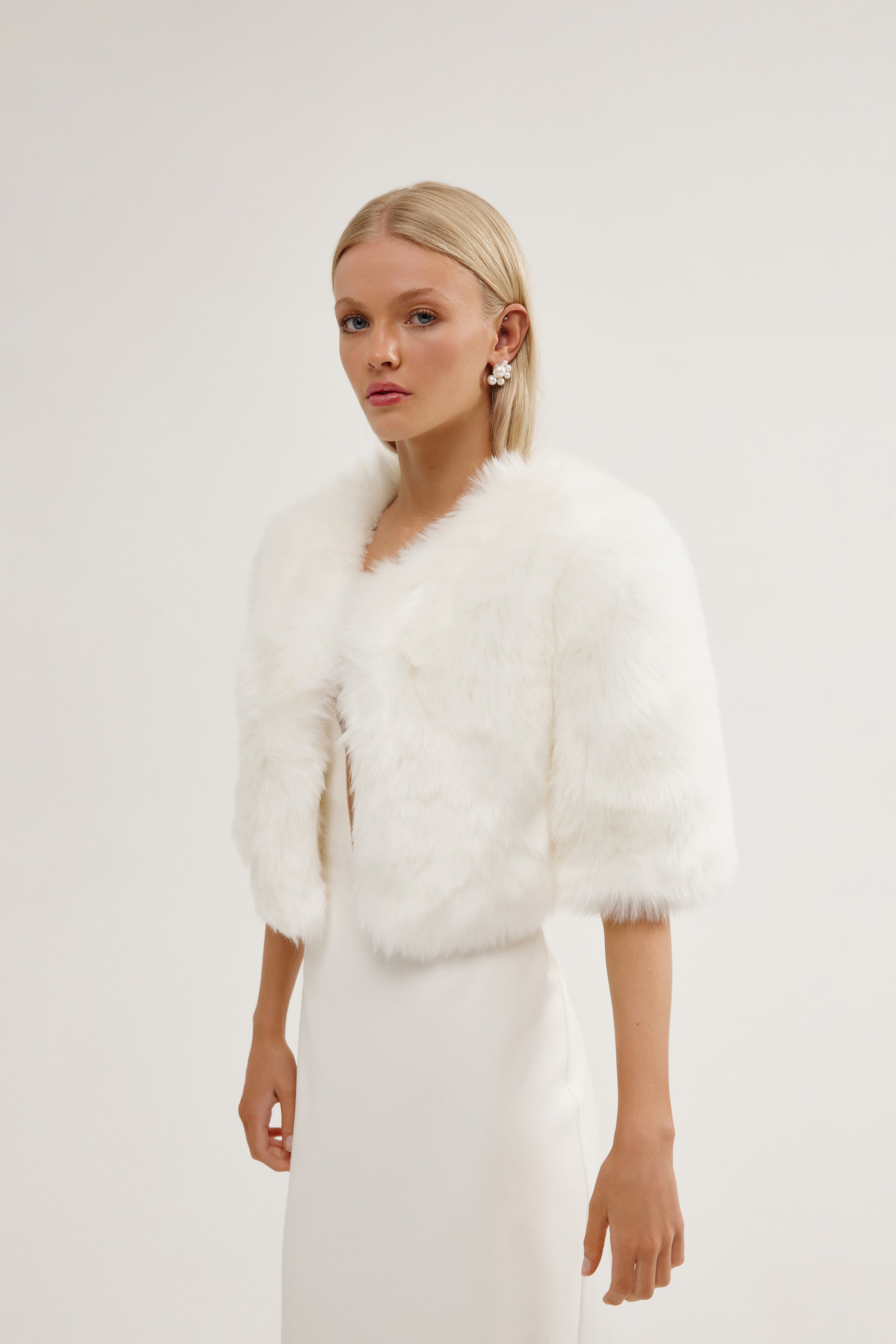 Elegant bridal jacket, vegan fur wedding outerwear, modern bridal style