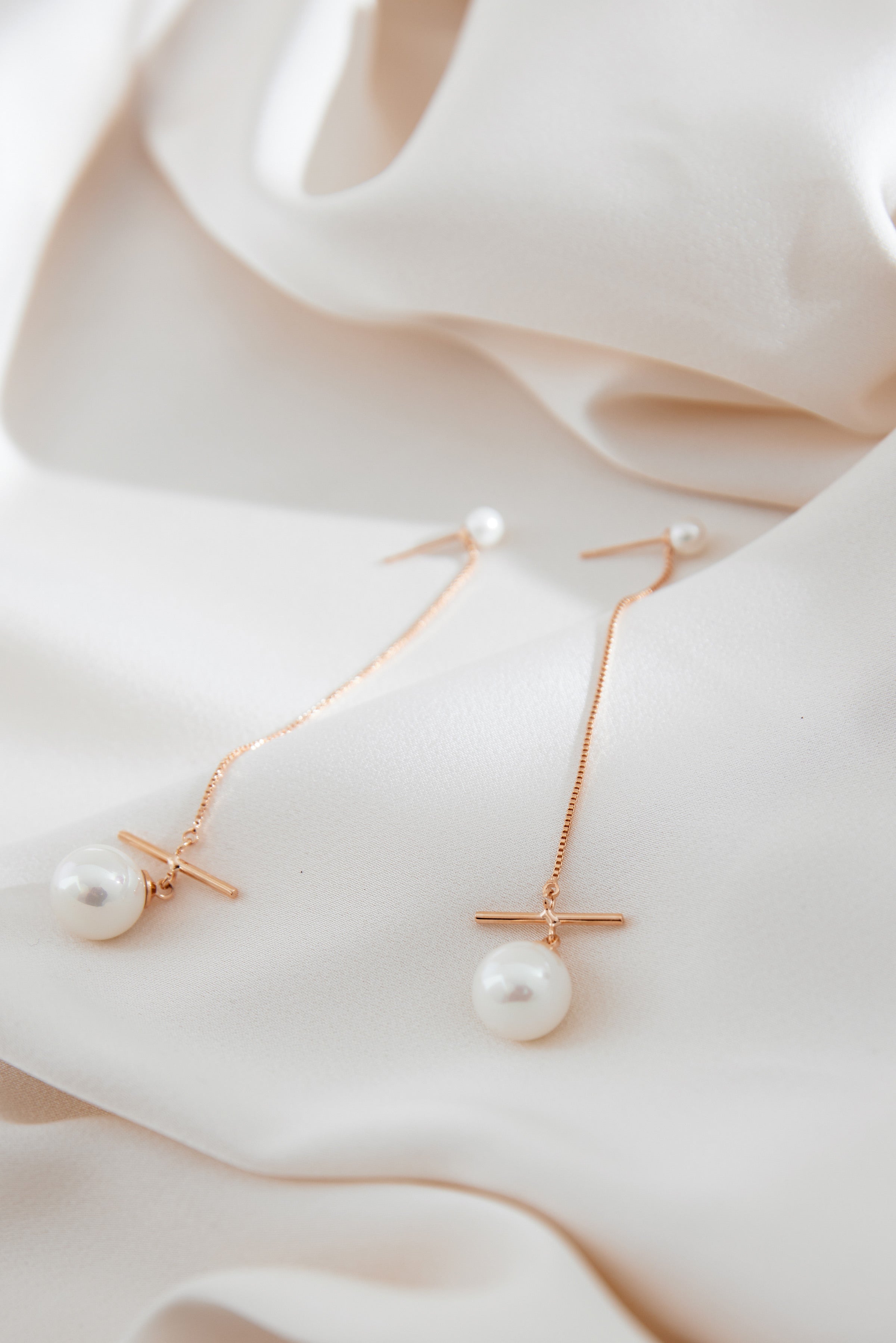 Rose Gold Long Pearl Wedding Earrings by Australian Jewellery Designer Amelie George Bridal
