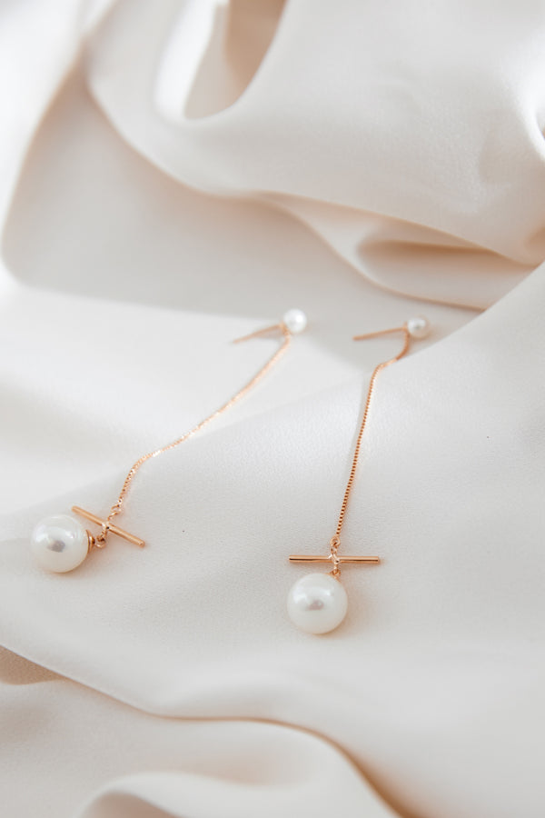 Rose Gold Long Pearl Wedding Earrings by Australian Jewellery Designer Amelie George Bridal 