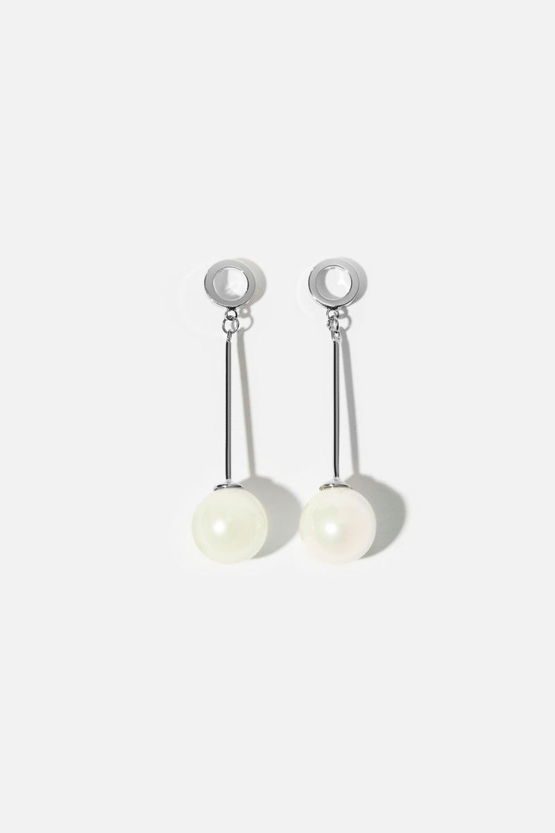 Bella Silver Long Hanging Minimal Pearl Earrings by Amélie George Bridal