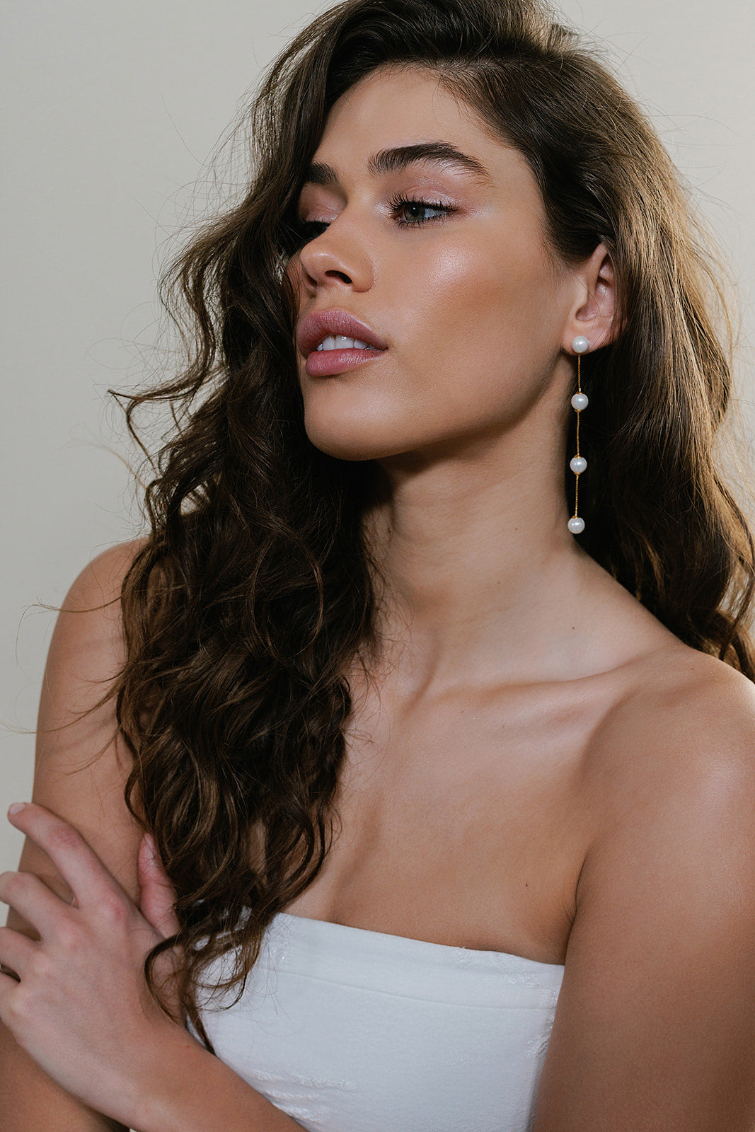 Imogen Long Gold Pearl Wedding Earrings