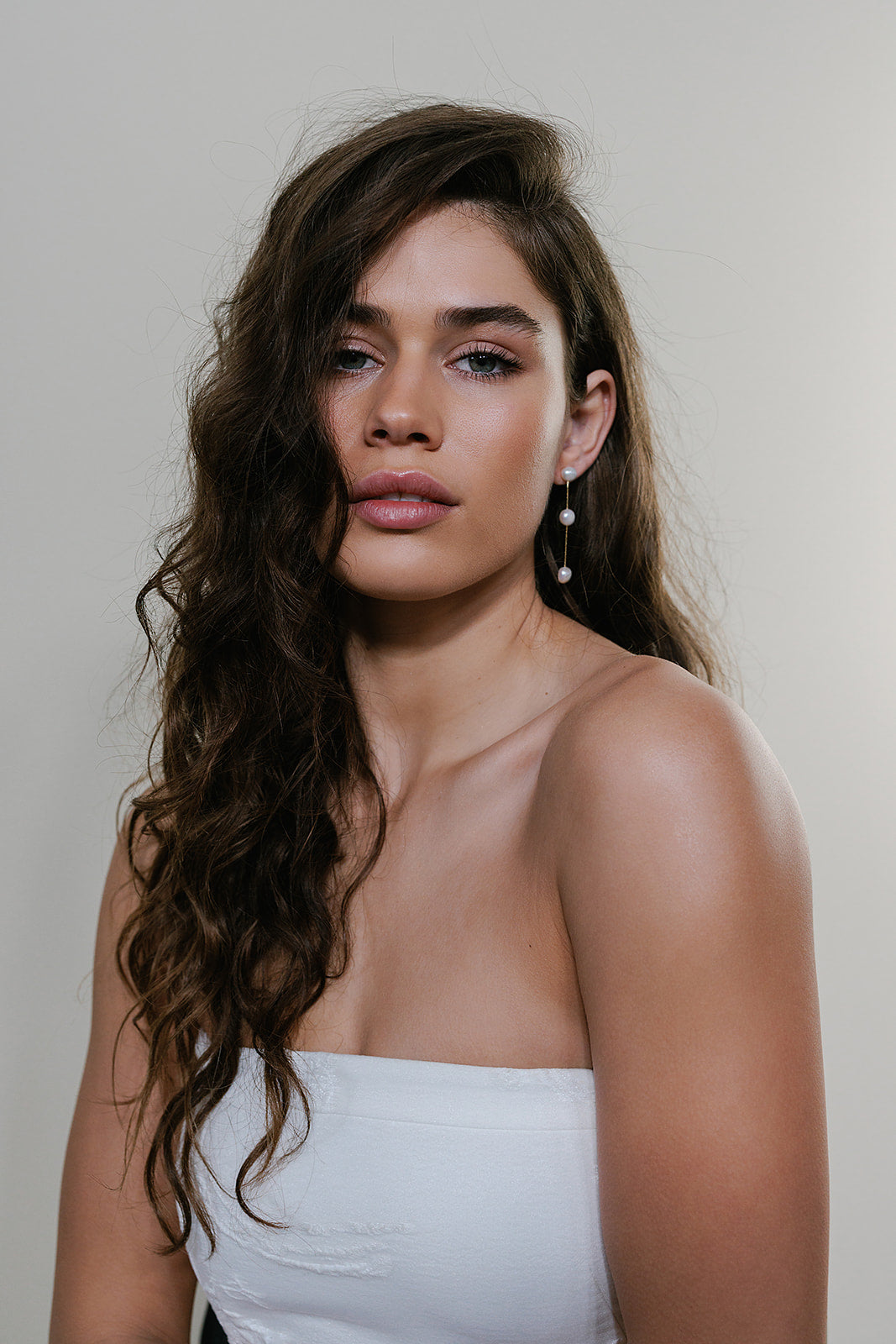 Imogen Medium Gold Pearl Wedding Earrings Front View