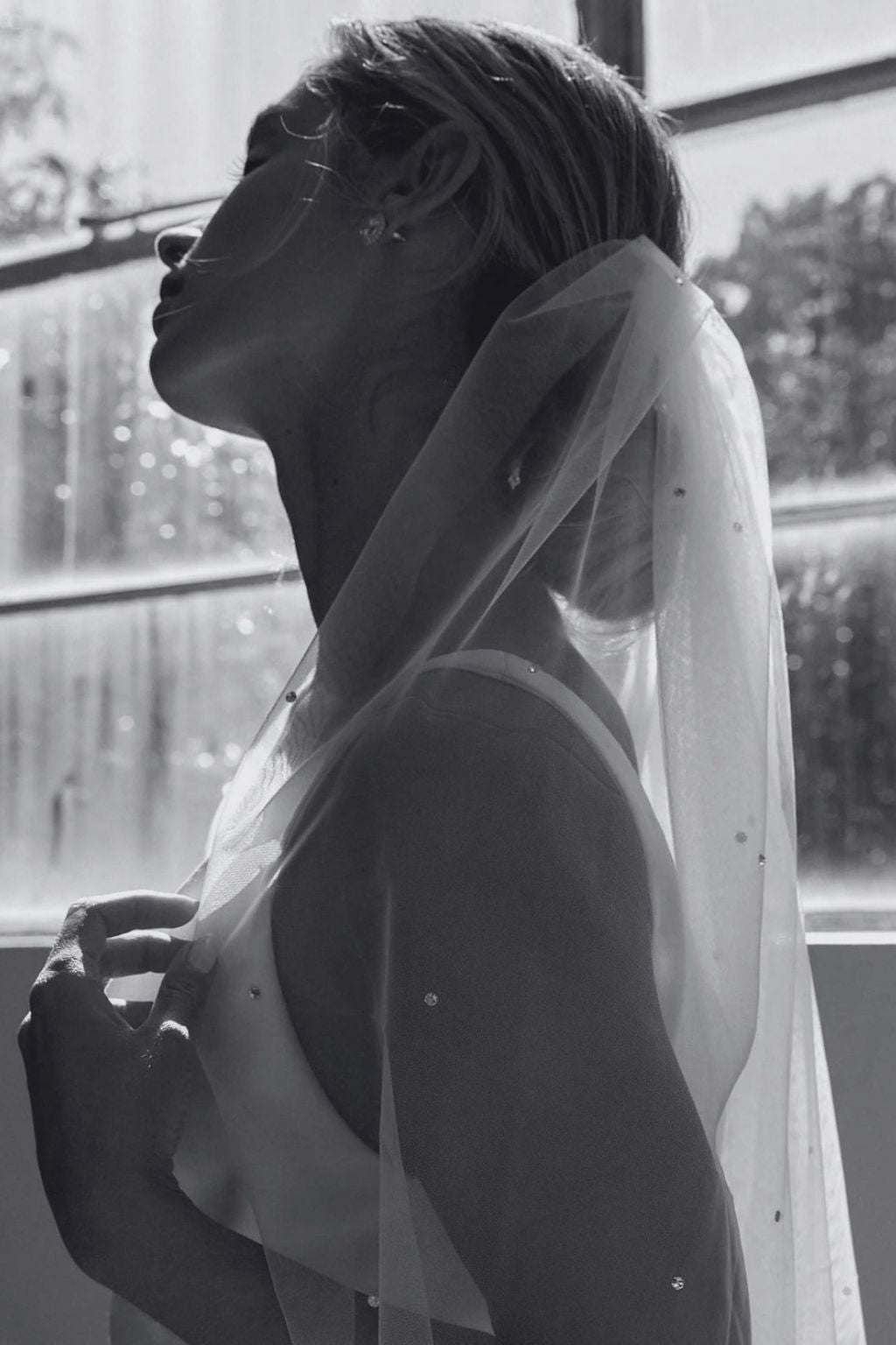 Crystal Wedding Veil on bride-to-be
