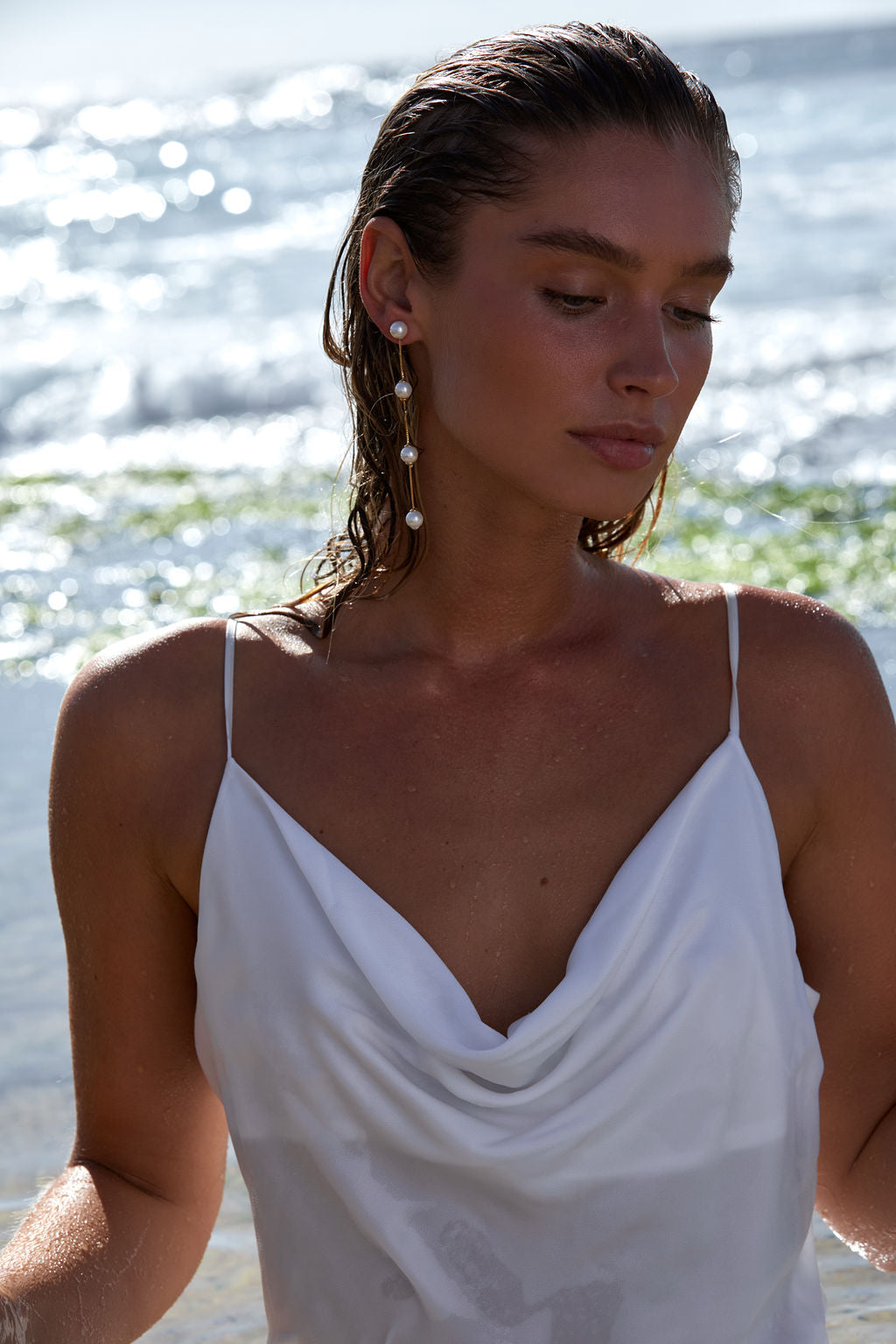 Long Pearl wedding earrings for beach wedding 