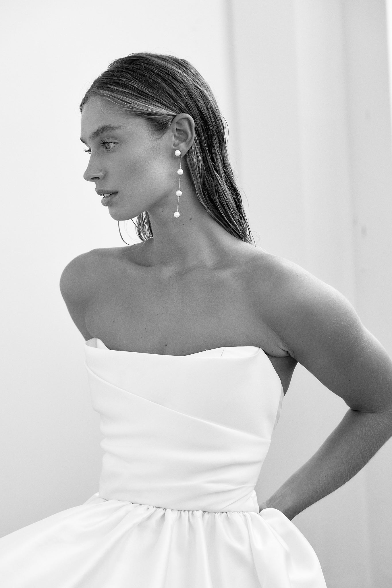 IMOGEN - LONG PEARL CHAIN WEDDING EARRINGS - SILVER