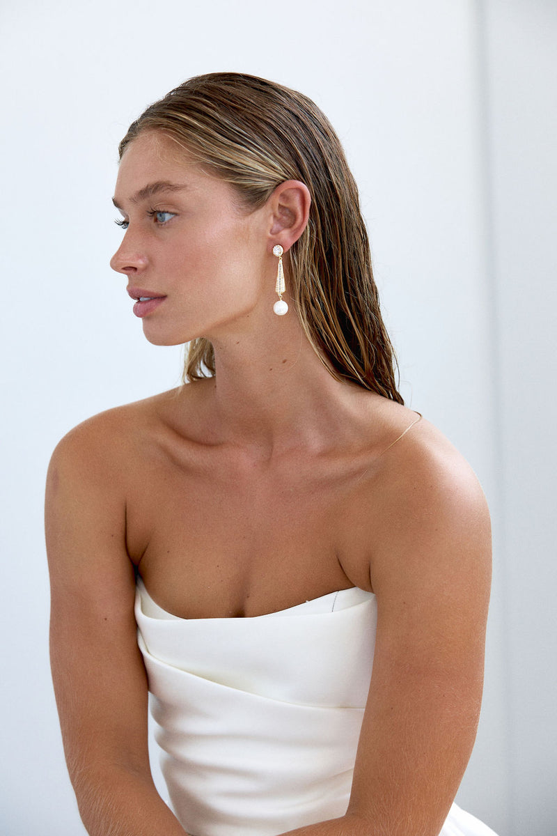 Riley Gold Crystal Deco Bridal Accessories Pearl Crystal Earrings