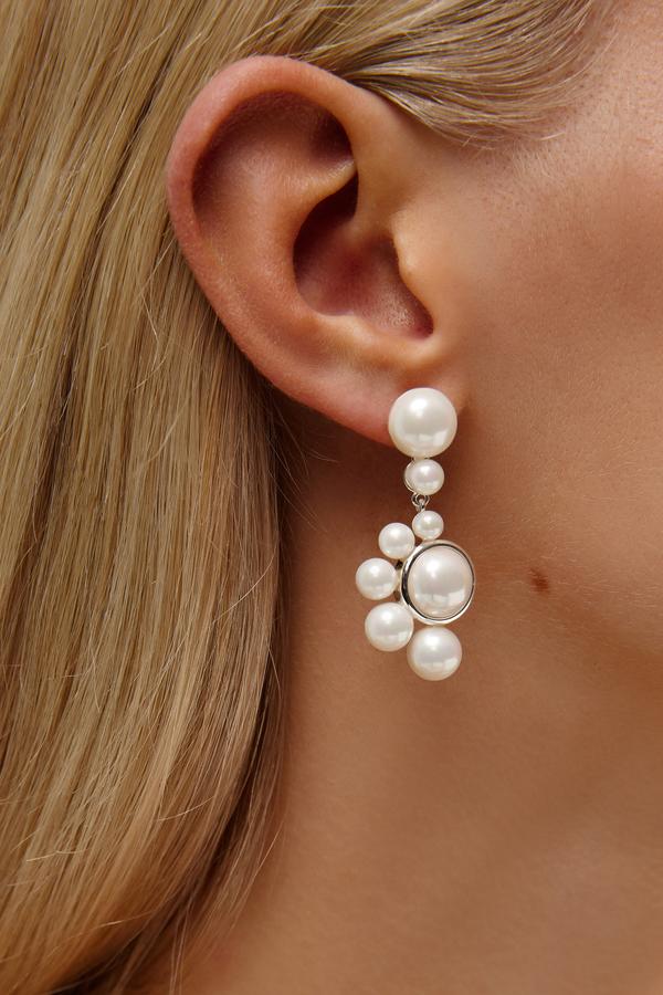 MATILDA PEARL DROP STATEMENT BRIDAL EARRINGS SILVER AMELIE GEORGE PTY LTD
