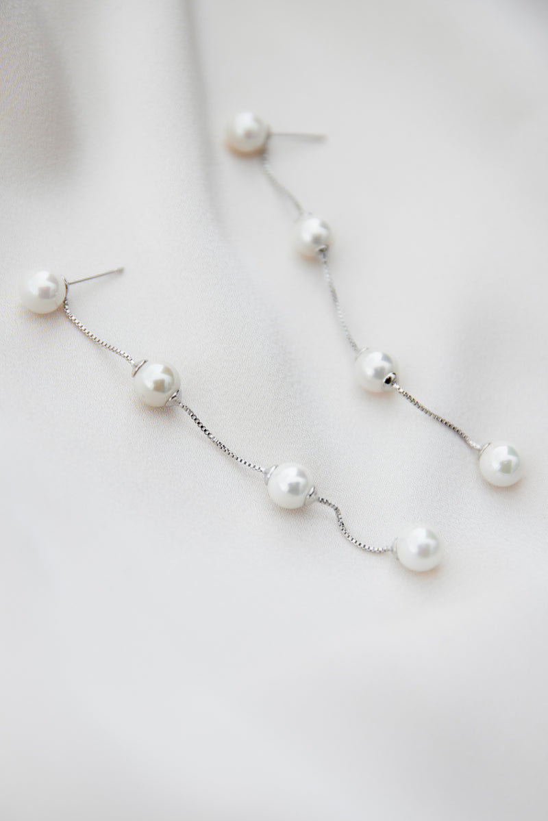 Long Statement White Gold Pearl Wedding Earrings by Amelie George Bridal Modern Wedding Jewellery  