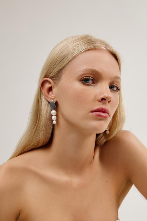 Large Pearl Dangle Wedding Earrings by Amelie George Bridal, Silver Modern Wedding Jewellery  