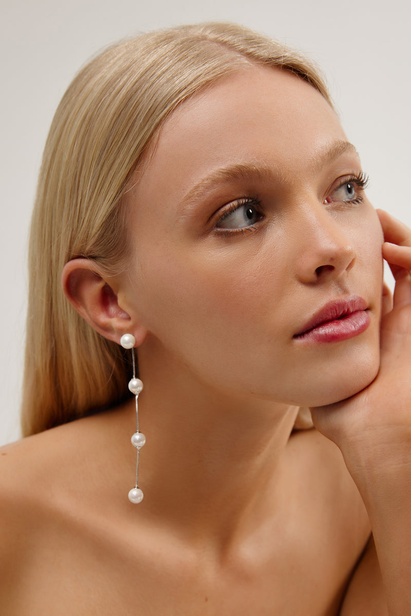 Long Gold Pearl Earrings for Bride - Silver Modern Wedding Jewelry  