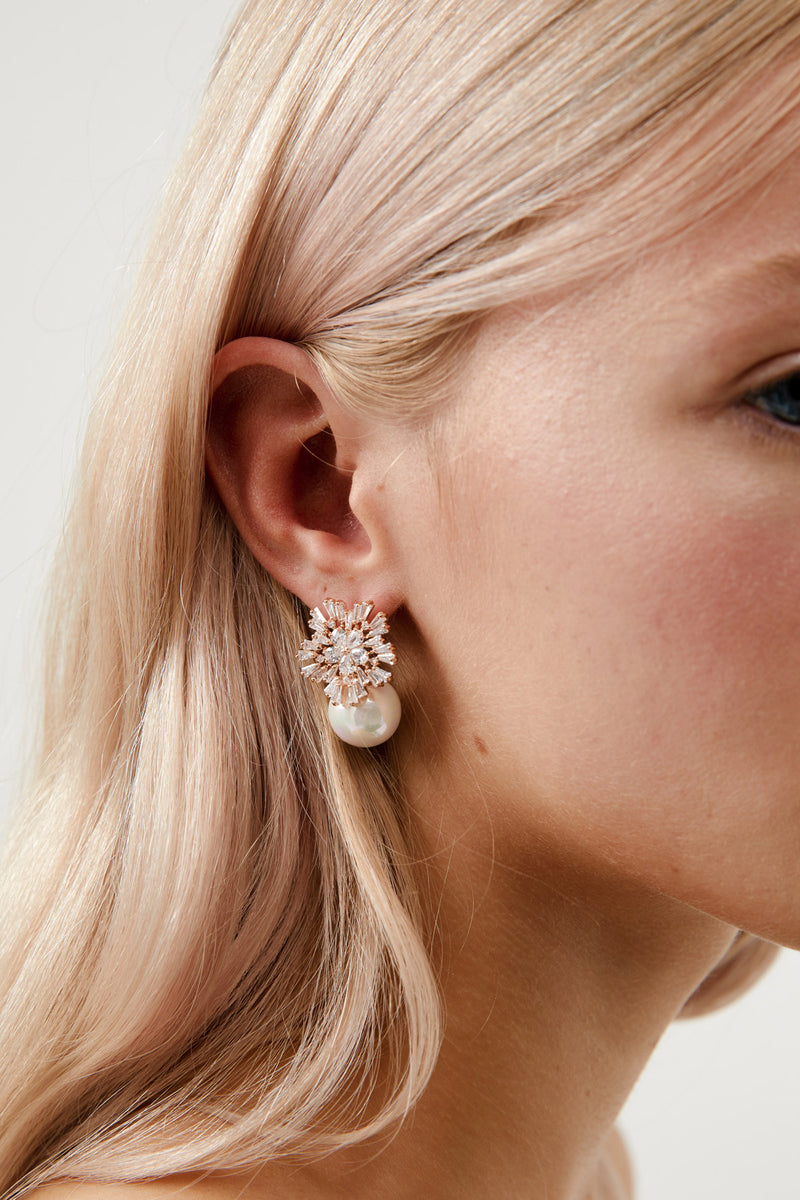 Rose Gold Diamond Pearl Earrings by Amelie George Bridal