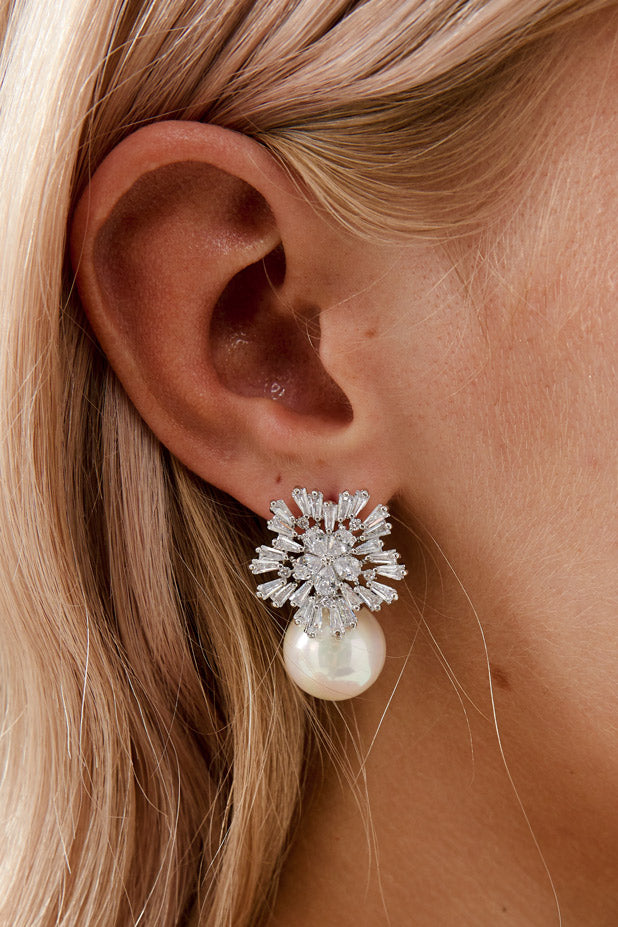 White Gold Diamond Pearl Earrings by Amelie George Bridal