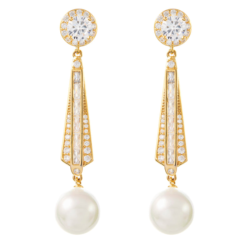 Riley - Art Deco Pearl and Crystal Wedding Earrings - Gold