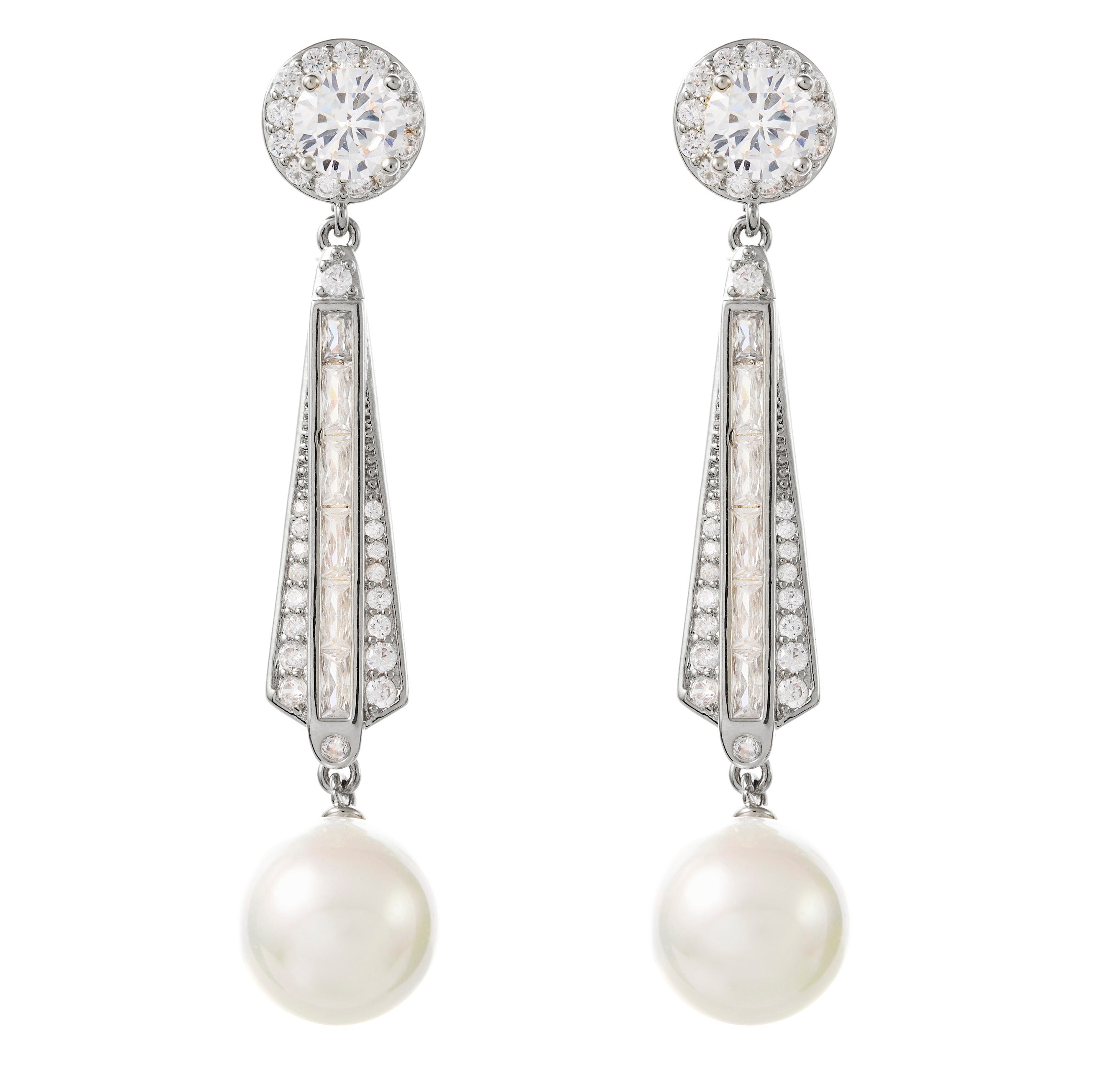 Riley - Art Deco Pearl and Crystal Wedding Earrings - Silver