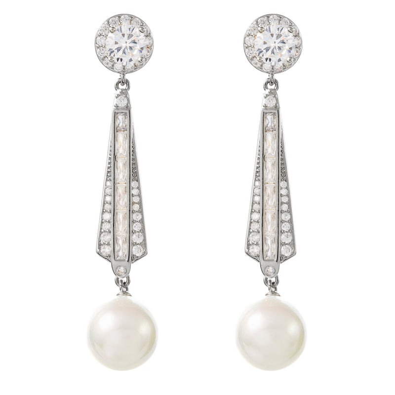 Riley - Art Deco Pearl and Crystal Wedding Earrings - Silver
